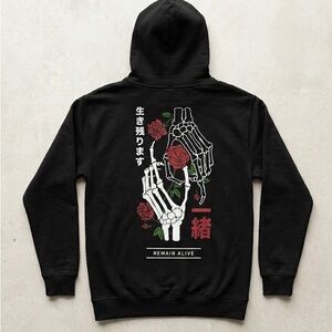 Empyre Black Hoodie with Skeleton and Rose Graphic